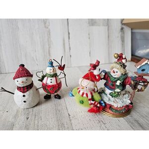 Snowman cardinal ornament set Xmas tree lot birdhouse